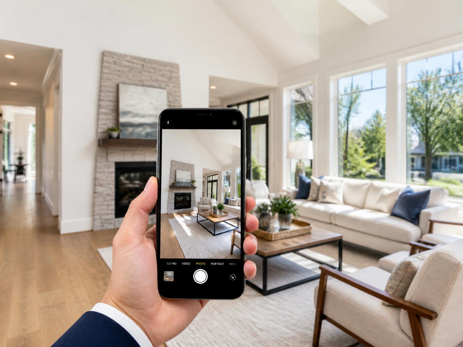 Real estate agent filming a bright, sunlit living room on a smartphone in vertical orientation